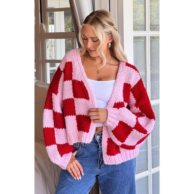 Envi Pink and Red Checkered Knit Cardigan