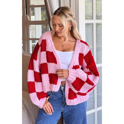 Envi Pink and Red Checkered Knit Cardigan