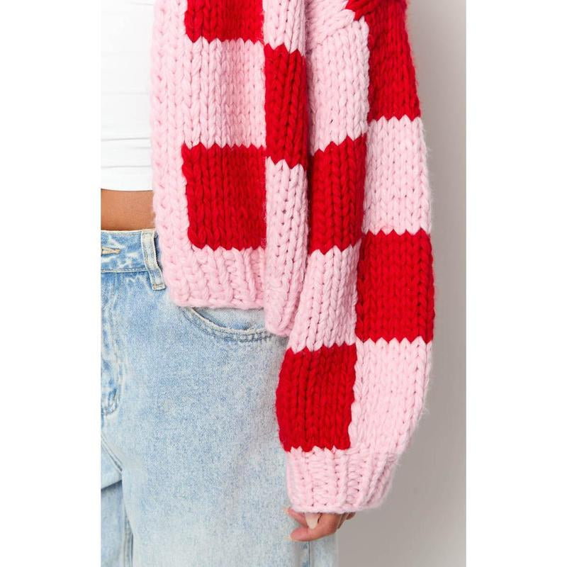 Envi Pink and Red Checkered Knit Cardigan