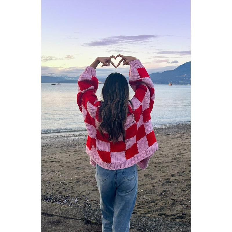 Envi Pink and Red Checkered Knit Cardigan