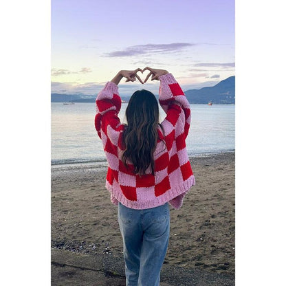 Envi Pink and Red Checkered Knit Cardigan
