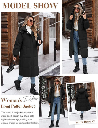 Women'S Long Quilted Coat Winter Thicken Warm Puffer Jacket Fashion Hooded Zip up Parka Outerwear with Pockets