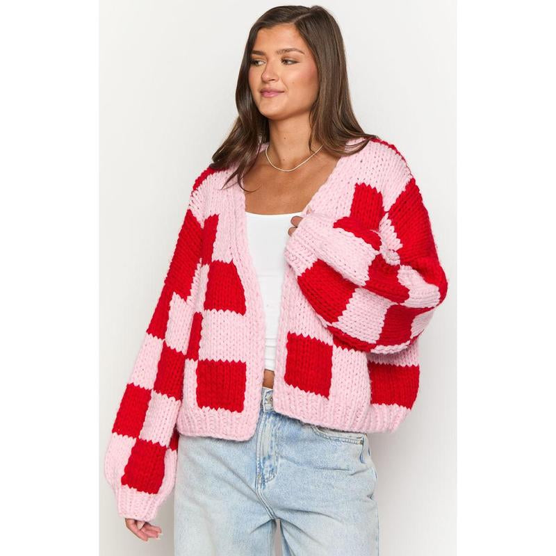 Envi Pink and Red Checkered Knit Cardigan