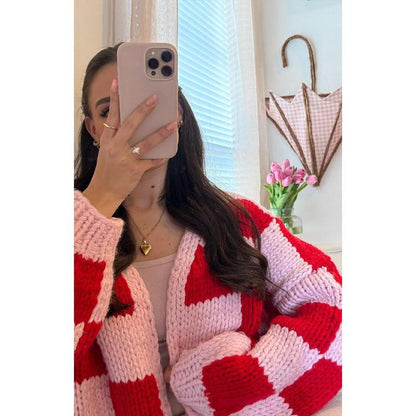 Envi Pink and Red Checkered Knit Cardigan
