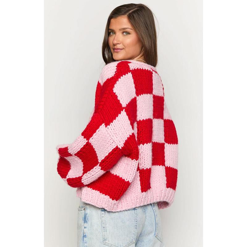 Envi Pink and Red Checkered Knit Cardigan
