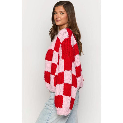 Envi Pink and Red Checkered Knit Cardigan