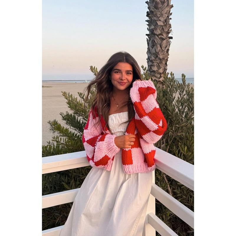 Envi Pink and Red Checkered Knit Cardigan