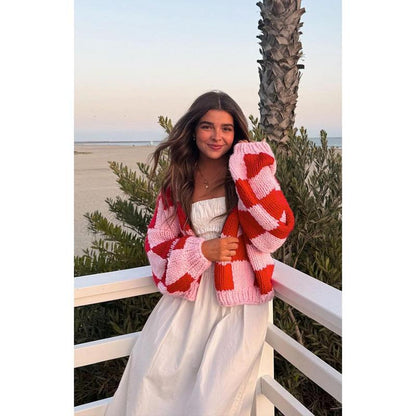 Envi Pink and Red Checkered Knit Cardigan