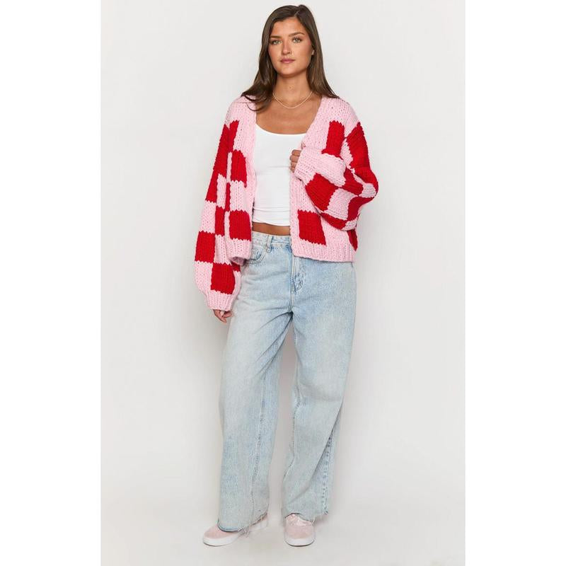 Envi Pink and Red Checkered Knit Cardigan