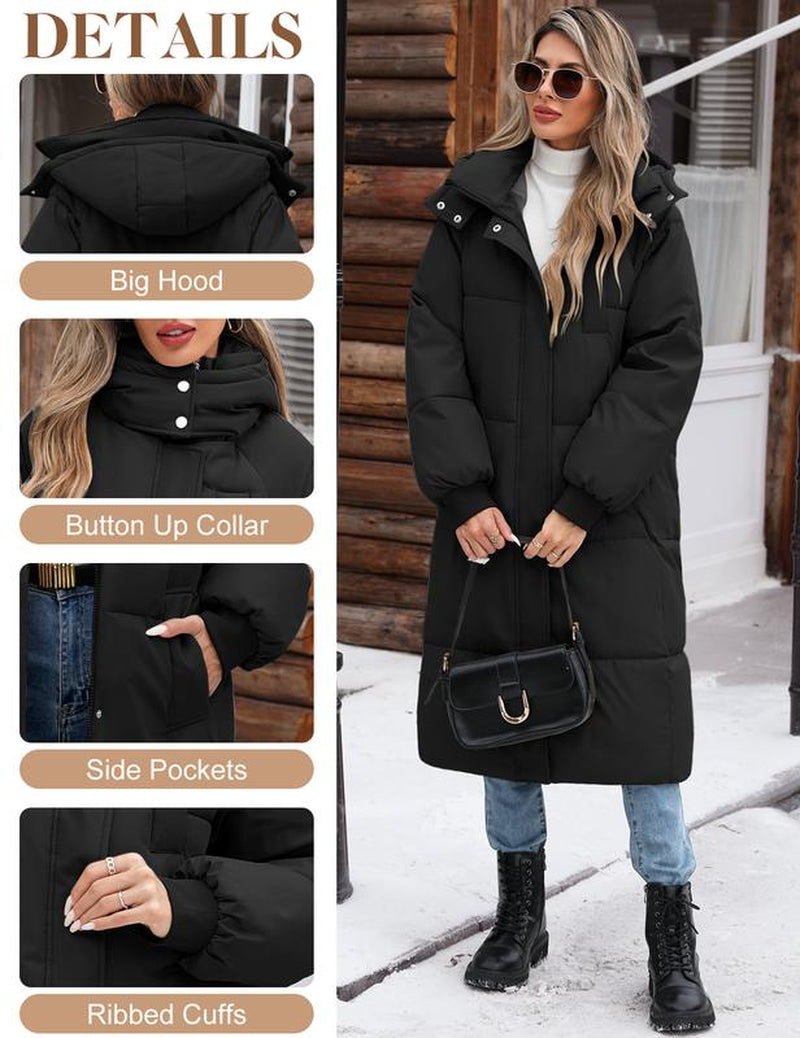 Women'S Long Quilted Coat Winter Thicken Warm Puffer Jacket Fashion Hooded Zip up Parka Outerwear with Pockets