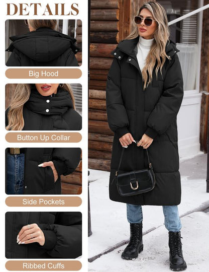 Women'S Long Quilted Coat Winter Thicken Warm Puffer Jacket Fashion Hooded Zip up Parka Outerwear with Pockets