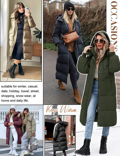 Women'S Long Quilted Coat Winter Thicken Warm Puffer Jacket Fashion Hooded Zip up Parka Outerwear with Pockets